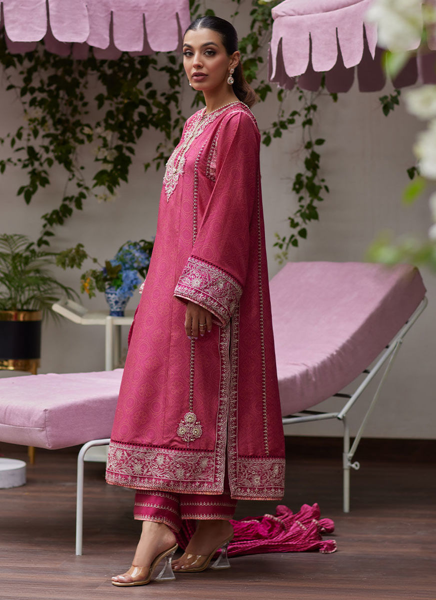 Feo Crimson Embroidered Raw Silk Shirt And Dupatta