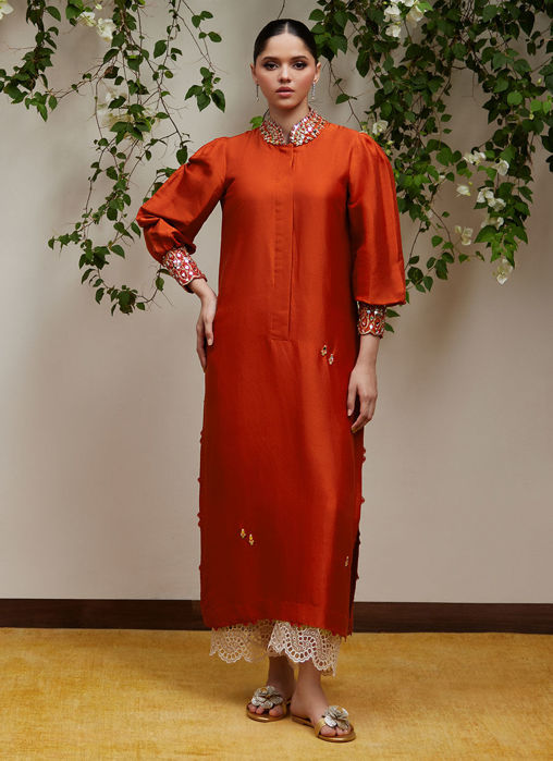 Picture of Yuri Rust Raw Silk Shirt