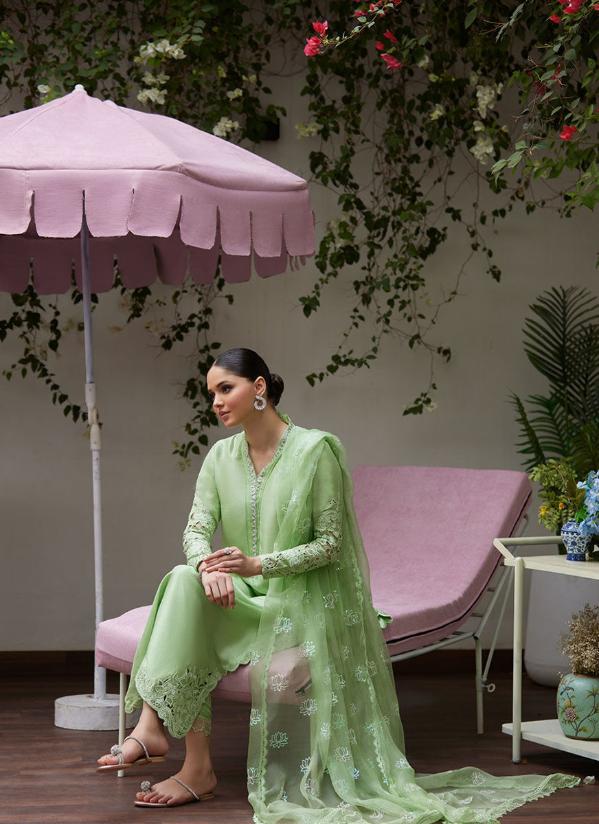 Katya Apple Green Cutwork Raw Silk Shirt With Organza Dupatta