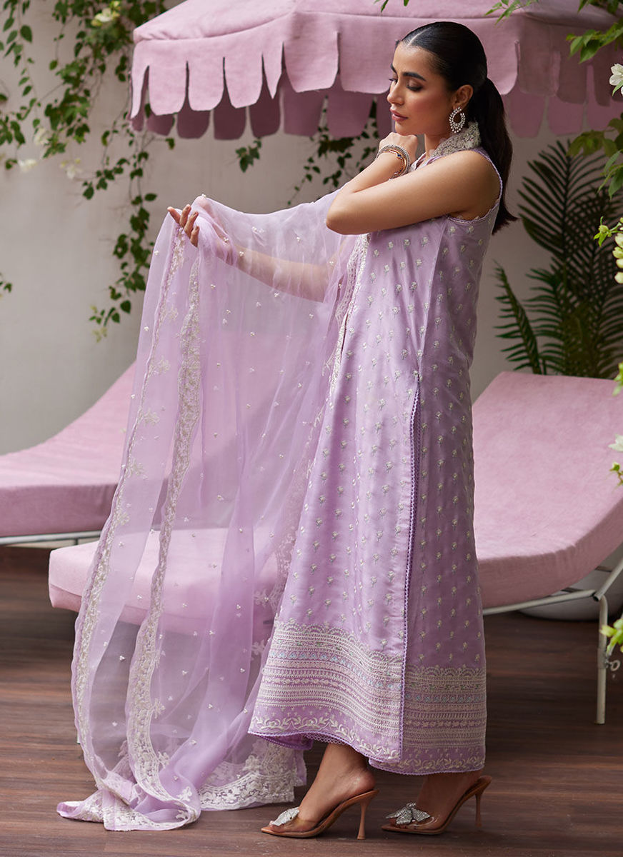 Larissa Lavender Embroidered Column Shirt With Organza Dupatta