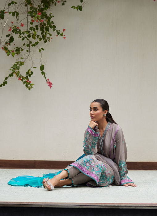 Natalya Charcoal Embroidered Raw Silk Shirt With Organza Dupatta