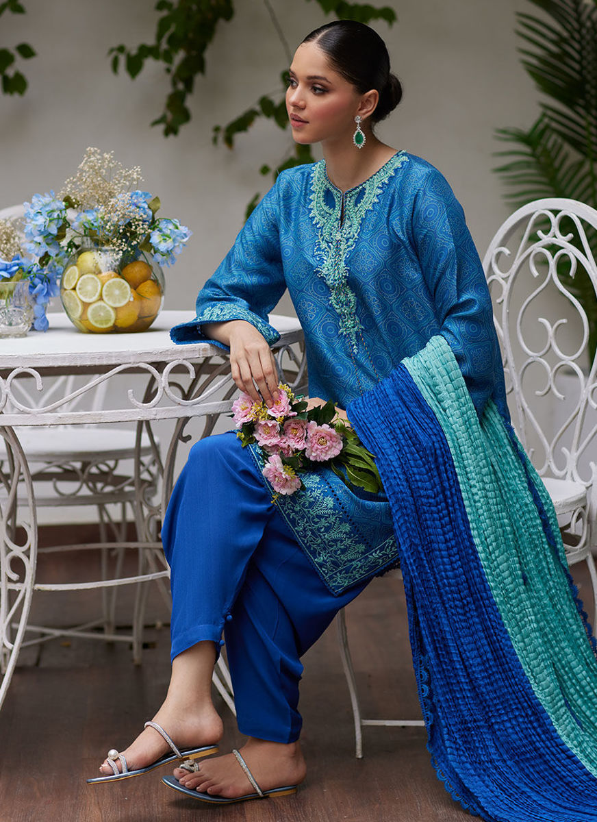 Faina Cobalt Blue Embroidered Raw Silk Shirt And Dupatta