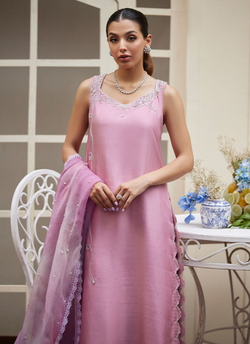 Ninel Lilac Embellished Raw Silk Shirt With Printed Organza Dupatta