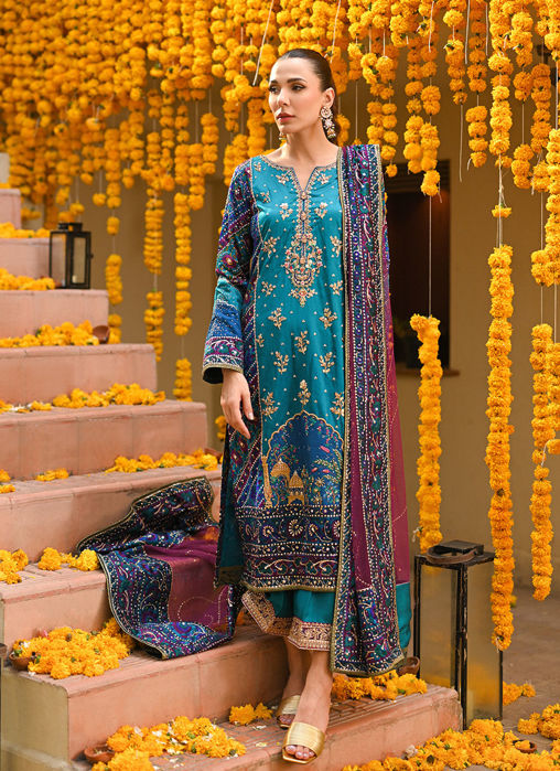Picture of Halia Teal Block Printed Kurta, Izaar Dupatta