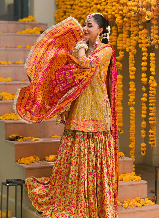 Losalie Saffaron Embellished Shirt Block Print Gharara And Dupatta