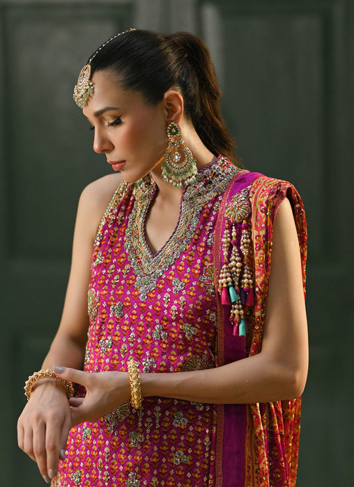 Ayala Magenta Pink Block Printed Shirt Dupatta And Lengha