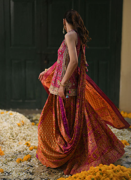 Ayala Magenta Pink Block Printed Shirt Dupatta And Lengha