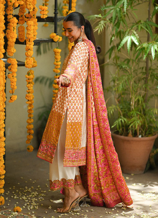 Twila Ivory Hand Worked Kurta, Izaar, With Block Printed Embellished Dupatta