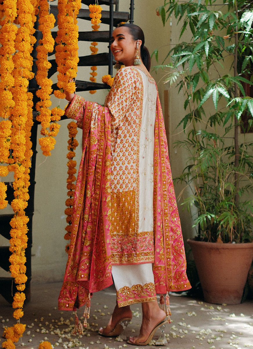Twila Ivory Hand Worked Kurta, Izaar, With Block Printed Embellished Dupatta