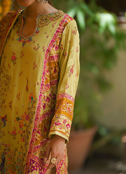 Nymeria Kiwi Green Kurta, Embellished Block Print Dupatta And Izaar