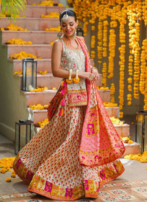 Marilla Ivory Short Shirt With Lengha And Block Printed Dupatta