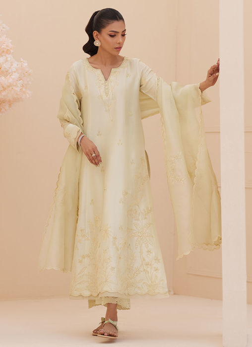 Crema Embroidered Raw Silk Shirt And Dupatta