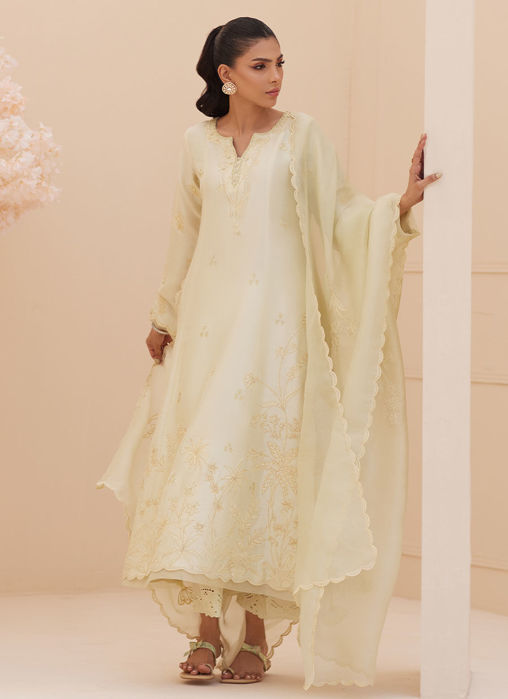 Crema Embroidered Raw Silk Shirt And Dupatta