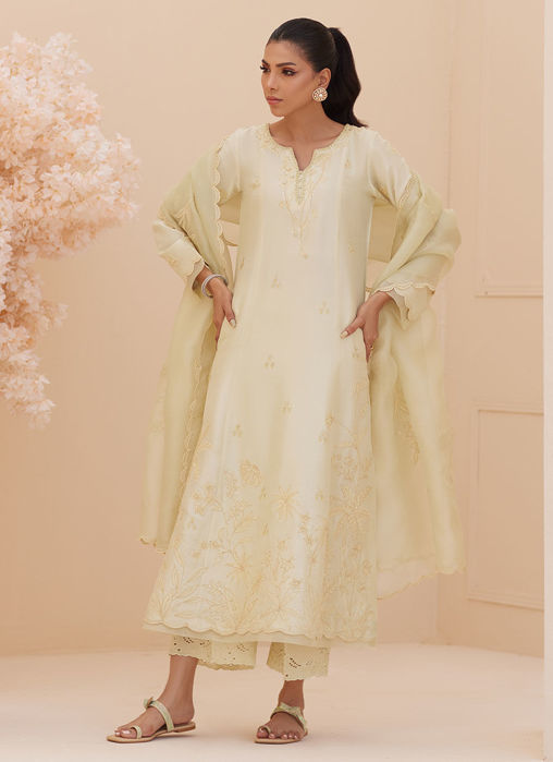 Crema Embroidered Raw Silk Shirt And Dupatta