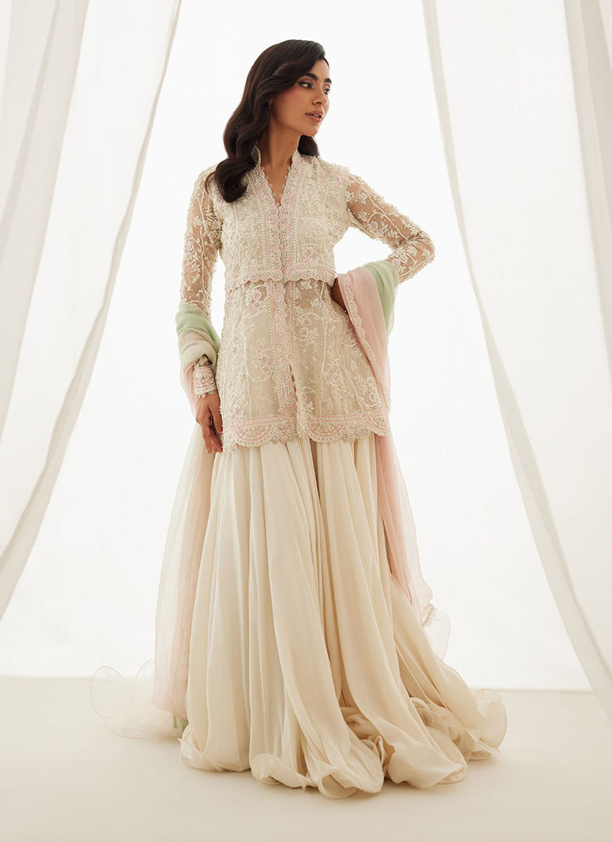 Zariah Ivory Peplum, Lehenga And Dupatta