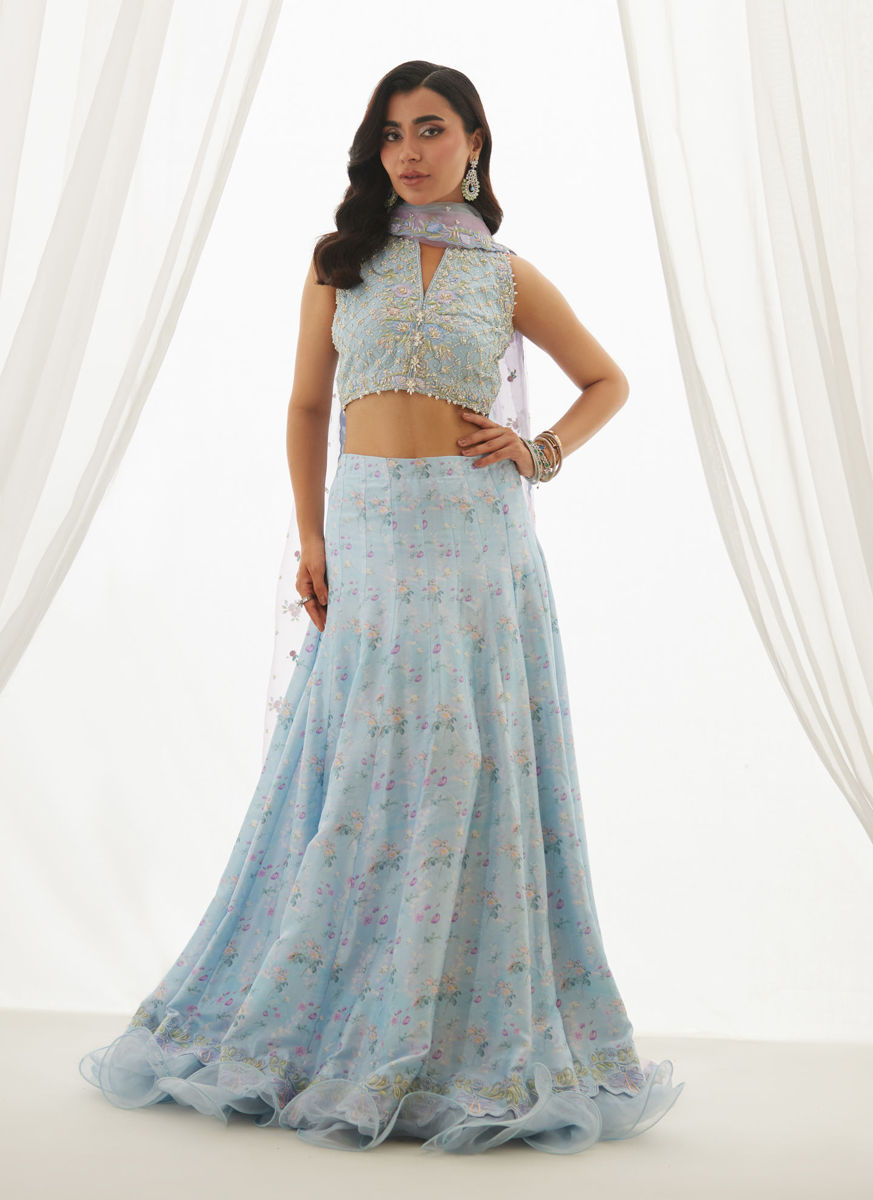 Zyla Sky Blue Choli, Lehenga And Dupatta