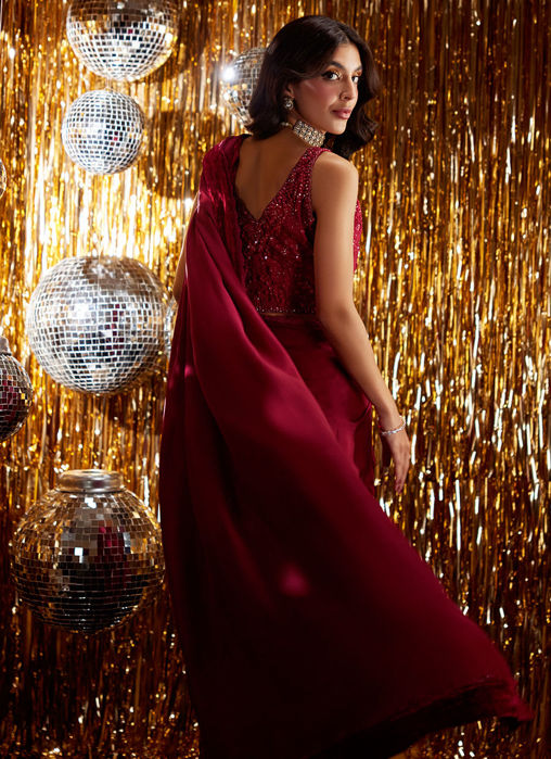 Carmine Charmeuse Saree And Velvet Blouse