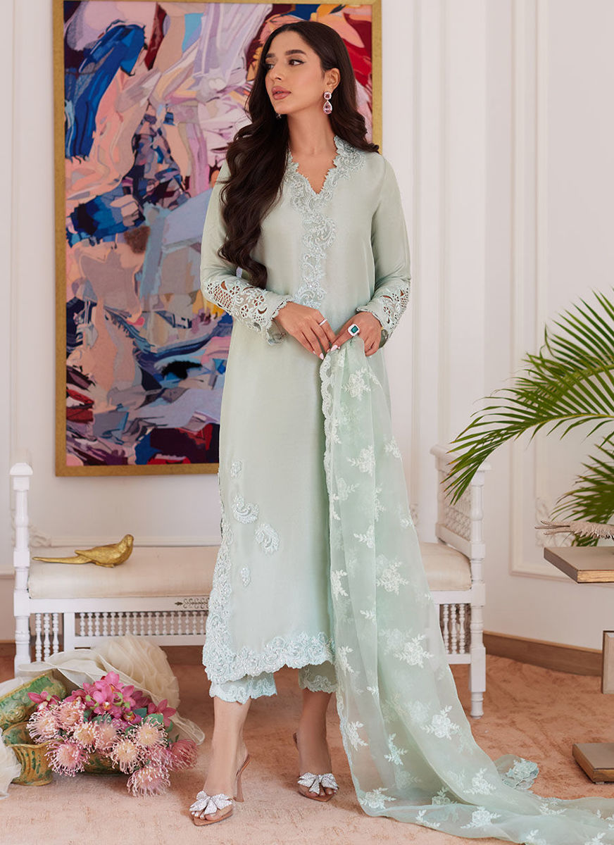 Liara Pistachio Embroidered Raw Silk Shirt, Pants and Dupatta