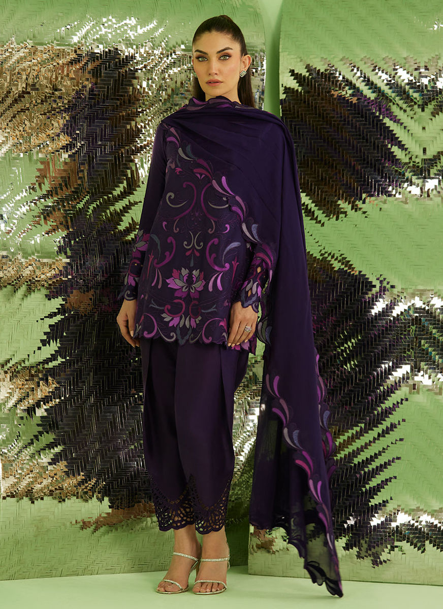 Noir Aubergine Shirt With Drape Dupatta And Pants